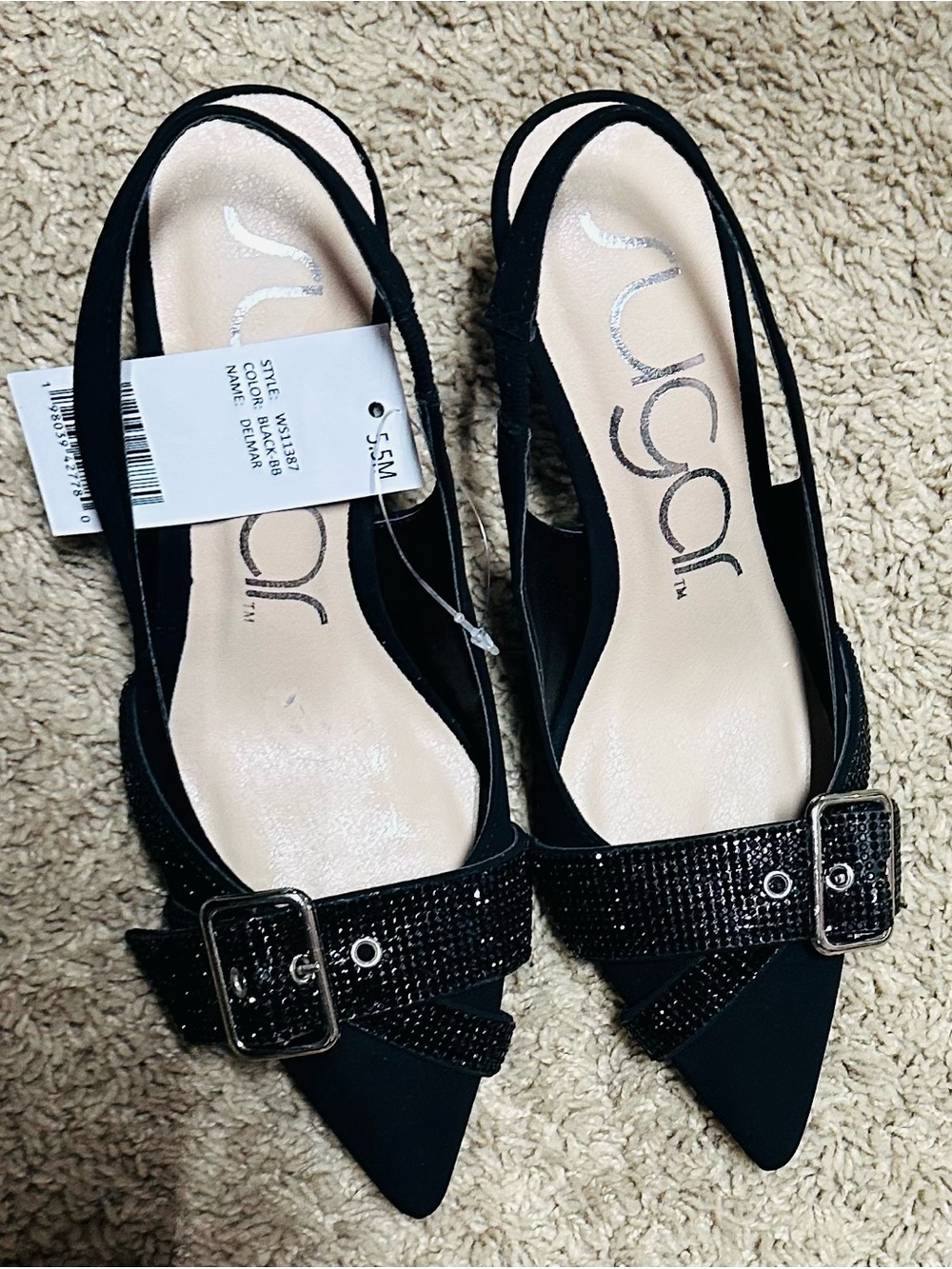 Black Pointed-Toe Slingback Heels with Buckle